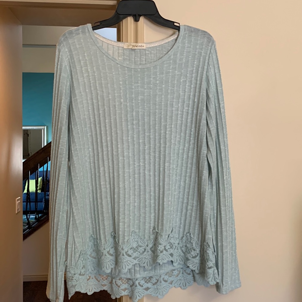 Rewind XL long sleeve lace trim sea foam blue green top